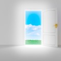 Empty white room with opened door and beautiful view, 3d render